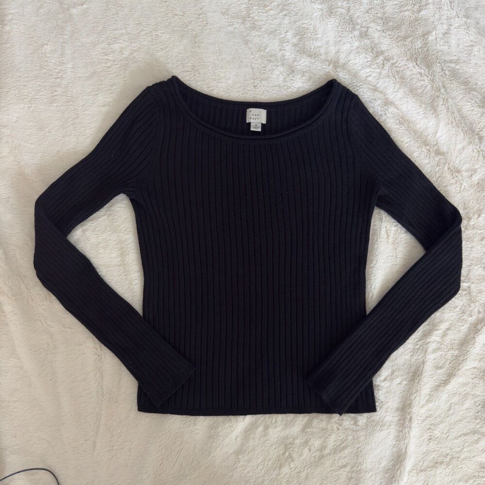 A new day black ribbed long sleeve top with wide scoop neckline and fitted silho
